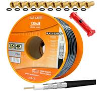 HB-Digital Set 25m cable coaxial SAT 135db negro + 10x conector F + 1x stripper CCS acero cobre cable antena satelital blindado 5 vías para sistemas de radio DVB-S/S2/C/C2/T/T2 DAB +