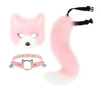 hbbhml Juego de collar de piel sintética con máscara de zorro de lobo, gato, cola esponjosa y collar de cuero, accesorio para disfraz de fiesta, Rosa, blanco, Talla única