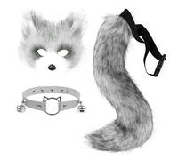 hbbhml Máscara de zorro de piel sintética, diseño de lobo, gato, cola esponjosa y collar de piel, juego de Halloween, fiesta, cosplay, accesorio para disfraz, Gris Oscuro Blanco, Talla única