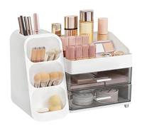 hblife Organizador de maquillaje, organizador de maquillaje con cajones, porta pinceles de maquillaje, caja cosmética de plástico 3 en 1, caja de almacenamiento de maquillaje blanco+gris