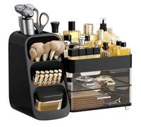 hblife Organizador de Maquillaje, Organizador de Maquillaje con cajones, Porta Pinceles Make Up, Caja cosmética de plástico 3 en 1, Caja de Almacenamiento de Maquillaje Amarilla