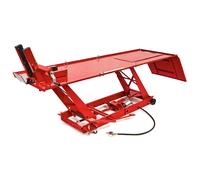 HBM 450 kg Mesa elevadora de motocicleta hidráulica y neumática con abrazadera de rueda delantera de lujo, rojo