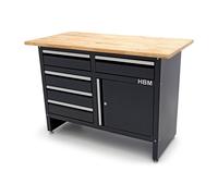 HBM banco de trabajo 120 cm con 5 cajones y puerta, encimera de madera maciza, negro