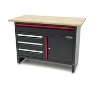 HBM Banco de trabajo de 120 cm con 4 cajones, 1 puerta y tapa de madera en negro