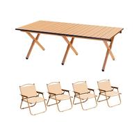 HBOOMOEM Mesa Plegable Camping & Silla Playa,Juego De Sillas Camping Plegable Y Mesa,Viene con Una Bolsa De Almacenamiento, Adecuada para La Playa, Camping Y BalcóN.(Wood,120CM+4 Chairs)