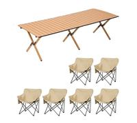 HBOOMOEM Mesa Plegable PortáTil con Sillas，Juego De Sillas Camping Plegable Y Mesa，Uso En Interiores Y Exteriores, Adecuado para Picnics, Pesca, Jardines Y Viajes.(Khaki,150CM+6 Chairs)