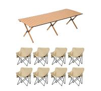 HBOOMOEM Mesa Plegable PortáTil con Sillas,Juego De Sillas Camping Plegable Y Mesa,Uso En Interiores Y Exteriores, Adecuado para Picnics, Pesca, Jardines Y Viajes.(Khaki,150CM+8 Chairs)