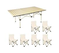 HBOOMOEM Silla De Camping Plegable De Acero con Mesa,Juego De Sillas Camping Plegable Y Mesa,Bolsa con Almacenamiento, Adecuada para Playa, Senderismo, Barbacoa.(Khaki,119CM+6 Chairs)