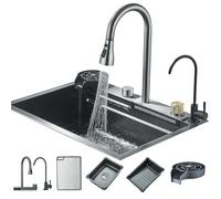 Hbronzeshower Fregadero de cocina, fregadero de acero inoxidable con mezclador extraíble, fregadero bajo encimera (60 x 45 cm) con lavadora de tazas, fregadero multifunción, fregadero cascada (gris
