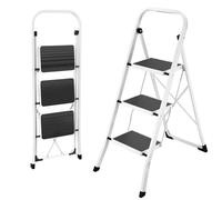 HBTower Escalera 3 Peldaños Plegable - Acero Resistente, Antideslizante, 4,5 cm de Grosor, Carga 150 kg, Sin Montaje - para Cocina, Garaje, Oficina