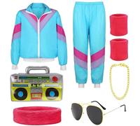 HBWHNIU Disfraces Años 80 Hombre Mujer, Disfraz Chándal Retro Años 80, Chaqueta Pantalón con Accesorios, Disfraz Carnaval, Outfit Disco 80s, Disfraz Jogging, Para Carnaval Fiesta Cosplay (S)