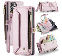HBYLEE Bolso bandolera para iPhone 15 Pro Max/15 Pro/15 Plus/15, soporte para tarjetas con bloqueo RFID, cierre magnético, funda de piel sintética con correa para el hombro, cremallera, soporte para