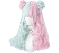 HBYLEE - Ita Makaron Color Rosa Mezcla Menta Verde Azul Ombre Flequillo Largo Rizado Bonitos Bollos Sintéticos Cosplay Peluca + Peluca Gorra Nobuns [Color: Withbuns]