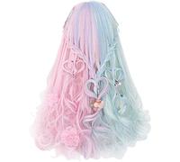 HBYLEE - Ita Makaron Color Rosa Mezcla Menta Verde Azul Ombre Flequillo Largo Rizado Bonitos Bollos Sintéticos Cosplay Peluca + Peluca Gorra Nobuns [Color: Nobuns]