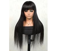 HBYLEE Peluca de pelo humano para mujer, 200 densidades, larga y recta, con flequillo para fiestas de cóctel, color: negro 200 densidad/tamaños: 71 cm