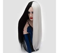HBYLEE - Peluca para cosplay de anime, 70 cm, parte central, larga, recta, pelo sintético, rosa, rojo, rubio, negro, blanco, ombre, disfraz de Halloween, fiestas, pelucas para mujeres, negro y blanco
