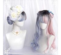 HBYLEE - Peluca para cosplay Lolita Cosplay Wig Japanese Style High Temperature Fiber Synthetic Hair Blue Pink Long Wavy Hair Free Cap