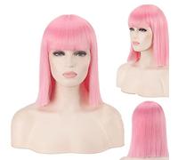 HBYLEE - Peluca para uso diario, cabeza bobo azul, verde, gris, arroz, blanco, negro, rojo, rosa, Qi Bangs, Anime Cos, club nocturno, femenino, longitud de los hombros, recta corta, color: 714-8 rosa