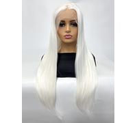 HBYLEE Peluca sintética para mujer de 13 x 3 cm, con encaje frontal largo, recto, sintético, extensiones para fiestas, color: blanco/tamaños: 28 pulgadas