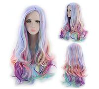 HBYLEE - Pelucas largas de color de alta calidad Anime Cosplay Harajuku Lolita para mujeres resistente al calor sintético ondulado arco iris Ombre peluca 65 cm[Color:según plan]