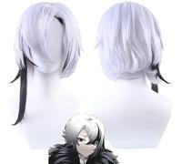 HBYLEE Wig Anime Cosplay Anime Genshin Impact Cosplay Peluca Arlecchino Blanco Negro Corto Pelo Trenzado Pelucas de Rol Fiesta de Halloween Peluca + Gorra [Color: One Color]