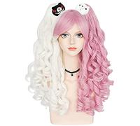 HBYLEE -Wig for cosplay Anime Coser Wig Female Monokuma Cosplay Wig with Braids, Long Pink and White Lolita Gothic Junko Wigs with Ponytail for Girls with Bear Clips + Cap