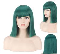 HBYLEE -Wig for cosplay BoBo Head Wig Blue Green Grey Rice White Black Red Pink Qi Bangs Anime Cos Nightclub Female Shoulder Length Wavy Straight Short Wig Color 714-7 Green
