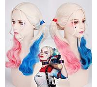 HBYLEE -Wig for cosplay Gorro de pelo gratis + escuadrón suicida Harley Quinn peluca rosa y azul peluca de pelo largo y rizado Cosplay peluca Quinn Coleta Colorida