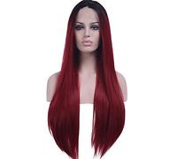 HBYLEE -Wig for cosplay Ladies Long Straight Black Dark Wine Red Natural Ombre Hair Dark Roots Middle Part Natural Wig Halloween