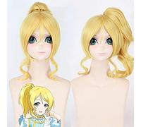 HBYLEE -Wig for cosplay Love Live! Anime Eli Ayase Mujeres Cosplay Pelucas 45 cm Corto Rizado Resistente al Calor Pelo Sintético Peluca con Clip de Garra Cola de Caballo Dorada
