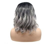 HBYLEE - Wig for cosplay Short Bob Shoulder Length Curls Grey Ombre Black Roots Drag Queen Side Part Hairline Summer Cool Synthetic Lace Front Wigs for Women Cosplay