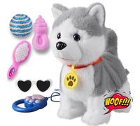 HCdoujoy Juguete de cachorro Husky que camina ladrando cantando, repite lo que dices, perro mecánico realista que lame la lengua que mueve la cola con control táctil o de voz, mascota de peluche