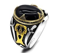 HCGX Anillo de Hombre Plata Ley 925 con Piedra Ónix Negra, Joyería Turca Artesanal Zircones Laterales(Black,7)