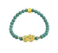 HCGX Pulsera de jade real for mujer - elástica con cuentas jadeíta tipo A Lanshui 5,8 mm y dije riqueza PiXiu dorado, caja regalo incluida