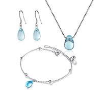 HCMA 925 Plata Simple Boda Azul Gota de Agua lágrimas Collar de Cristal + Pendientes + Pulsera para Mujeres Conjuntos de Joyas