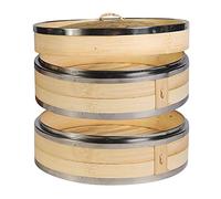 Hcooker 2 Capas Vaporizador de Bambú para Cocina con Doble Bandas de Acero Inoxidable para Cocina Asiática Bollos Empanadillas Verduras Pescado Arroz