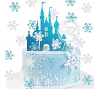 HCRXVV Decoración para tartas de princesa Castillo, 42 unidades, decoración de cumpleaños con castillo, decoración de pastel azul para niños y niñas, Navidad, plata, copos de nieve, decoración de boda