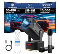 HCS350 KTV Proyector de Video Portátil con WiFi y Bluetooth -1080P y 450 ANSI, con Micrófono Recargable y Mando a Distancia de Voz Bluetooth, Audio Estéreo 2 x 8W, Diversión Karaoke, Soporte Ajustable