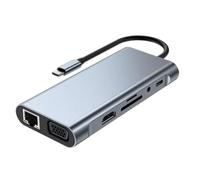 HCUSR Estación de acoplamiento 11 en 1 tipo C a HDMI USB C multipuerto adaptador con 4 puertos USB, RJ45 100 MB, VGA, 4K 30 Hz, tarjeta TF/SD, audio de 3,5 mm, adaptador divisor de concentrador USB PD