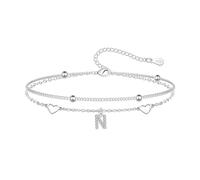 Hcvone Pulseras S925 para mujeres y niñas, pulsera de plata con corazón inicial A-Z, pulseras de cuentas en capas para amigas, mamá, hija, hermana, talla única, Cobre, No es una piedra preciosa