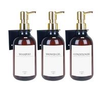 HCYWOC Dispensador Jabon Baño Pared, 3 Piezas Dispensador de Jabon, Sin Taladrar 500ml Dispensador Gel y Champu Ducha con 16 Etiquetas Impermeables para Cocina y Baño, Oro Ámbar
