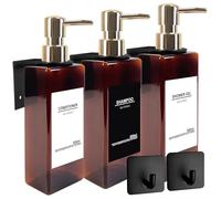 HCYWOC Dispensador Jabon Baño Pared, Sin Taladrar 500ml Dispensador Gel y Champu Ducha, 3 Piezas Dispensador de Jabon con 32 Etiquetas Impermeables para Cocina y Baño, Ámbar Dorado