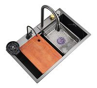 HCZKIUJY Fregadero de Cocina sobre encimera de Acero Inoxidable, Fregadero Individual, Hecho a Mano, Grifo Cascada Raindance, Fregadero Grande con 9 Accesorios (Black-68 * 46 * 22cm)