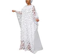 HD Vestido de Mujer Africana con Apliques de Flores, Cuello Barco, Vestido caftán de Gasa, Talla única, Blanco, Talla única