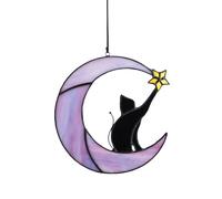 HDCRYSTALGIFTS 6.5'' Black Cat Decor on Purple Moon Stained Glass Window Hanging Suncatcher,Wall Art Glass Window Panel Sun Catcher,Halloween Ornament Decoration Memorial Gift for Lover Cat Loss