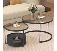 HDDNMLOH Nesting Coffee Table Set, Hollow Bottom Frame Storage, 2 in 1 Round Stacking Side Tables, For Living Room Bedroom Living Room, Office(Black+Brown,27in+22in)