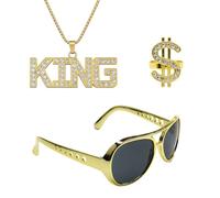 HDFHDF 3 piezas oro Digger Kostüm 80er Gang Halskette King Vintage Rap Sonnenbrille Der Ring des Dollars Anzug Sänger Hip-Hop Zubehör Halloween-Karneval Rolensspiel Themenparty Mann