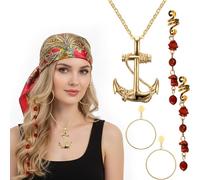 HDFHDF 6 piezas pirata accesorios disfraz de pirata mujer pañuelo collar pendientes tocado pirata joyas Halloween carnaval disfraz juego de rol