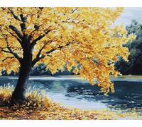 Hdfvlfdsa Kit De Bordado En Punto De Cruz Con Estampado De Bricolaje, Árbol De Ginkgo Junto Al Lago En Otoño 30x40cm Gama Completa De Kits De Inicio Preimpresos Para Principiantes