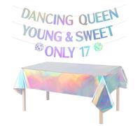 HDGSAFD 1 Banner De Cumpleaños Número 17 Y 1 Mantel Color De Ilusión, Decoraciones De Fiesta De Cumpleaños, Mantel Decorativo Brillante, Arreglo De Escena De Fiesta.